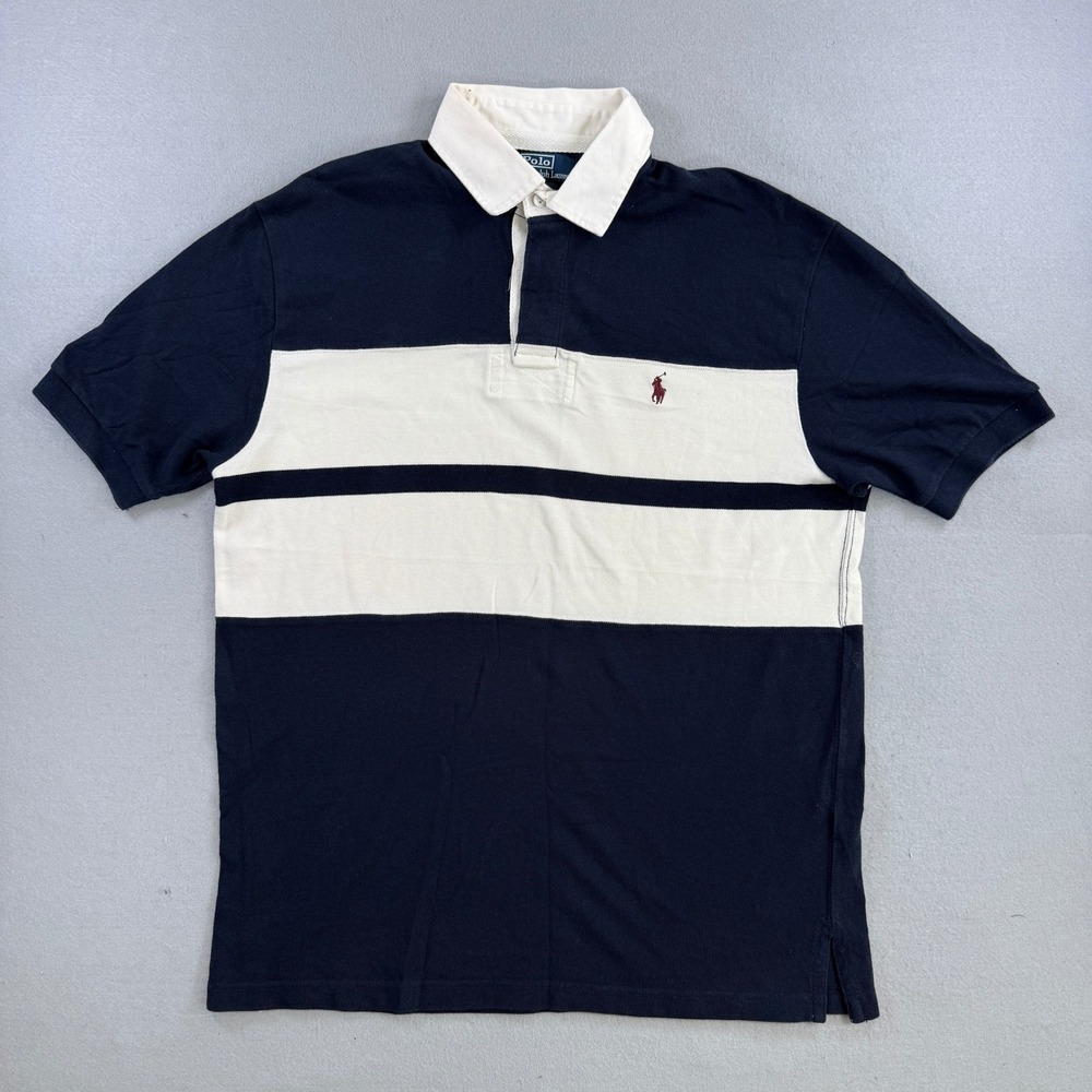 Polo Ralph Lauren Rugby Shirt Mens Large Navy White Striped Short Sleeve Preppy